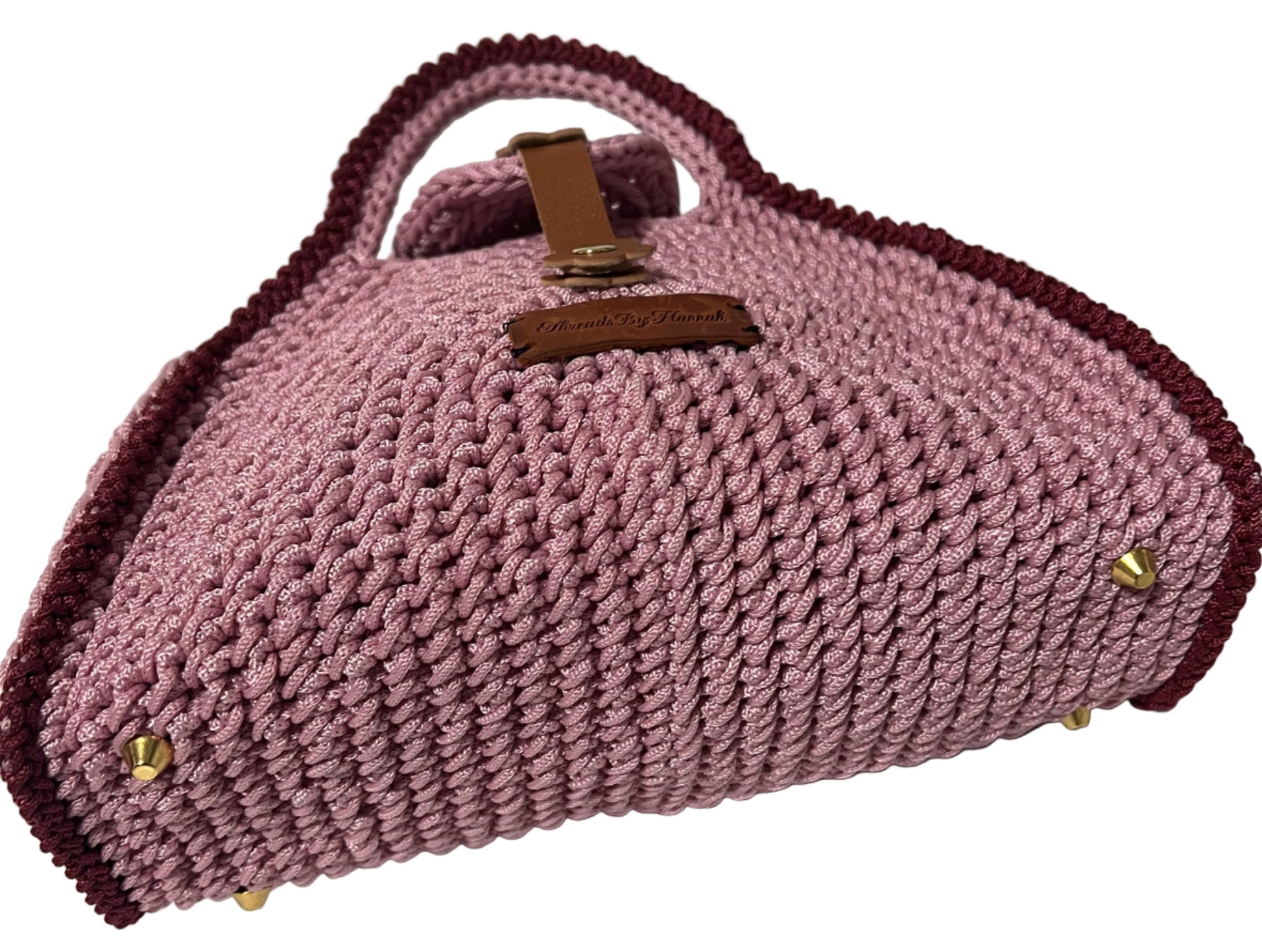 Handmade Pink Half Moon Clutch Handbag with Braided Design and Golden Accents