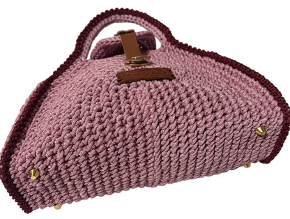Handmade Pink Half Moon Clutch Handbag with Braided Design and Golden Accents