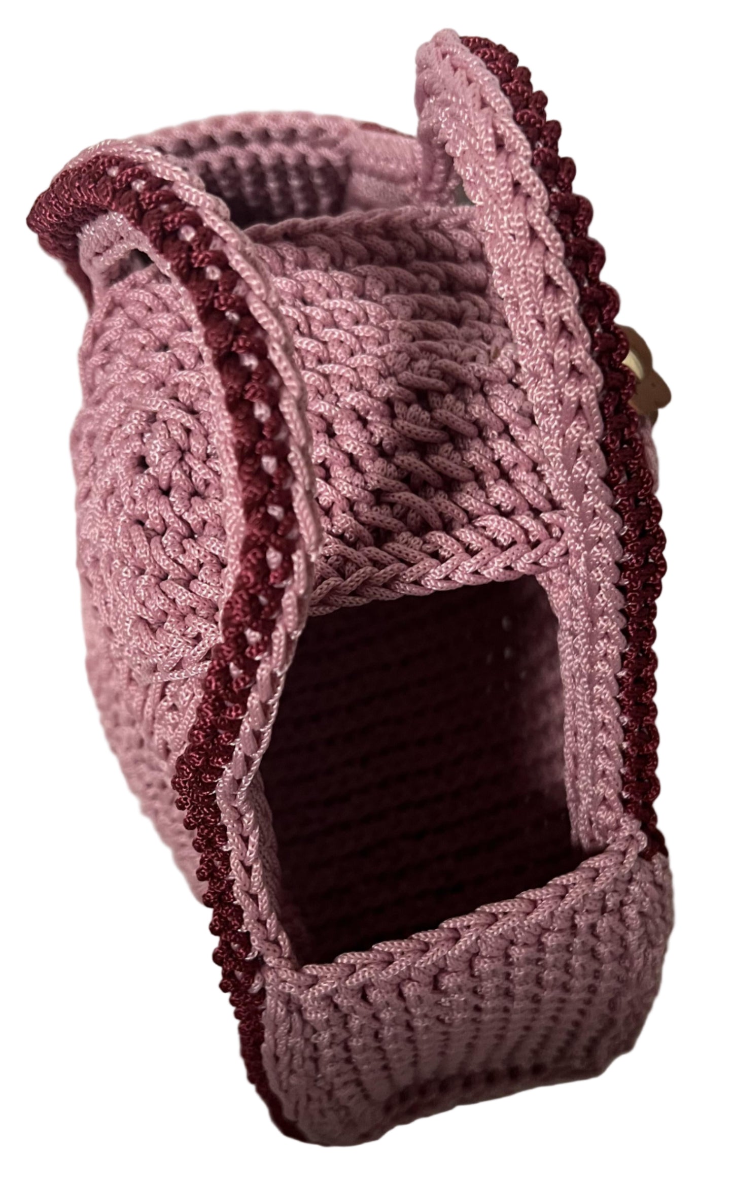 Handmade Pink Half Moon Clutch Handbag with unique textured design and elegant maroon trim