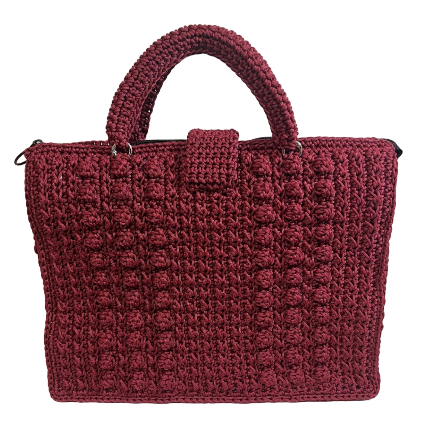 Handmade red sling handbag from ThreadsByHannah with textured crochet design and sturdy handles