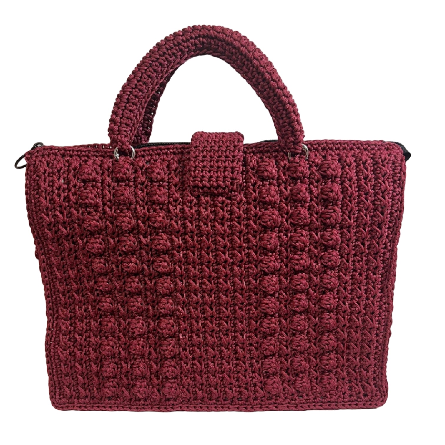 Handmade red sling handbag from ThreadsByHannah with textured crochet design and sturdy handles
