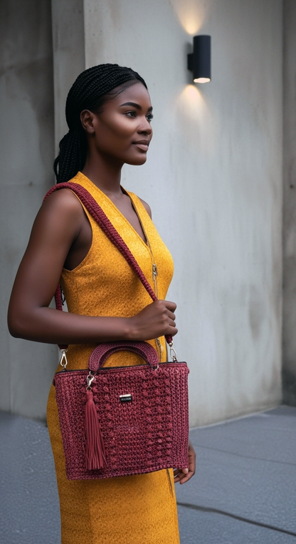 Stylish handmade red sling handbag by ThreadsByHannah with a modern design and tassel accent