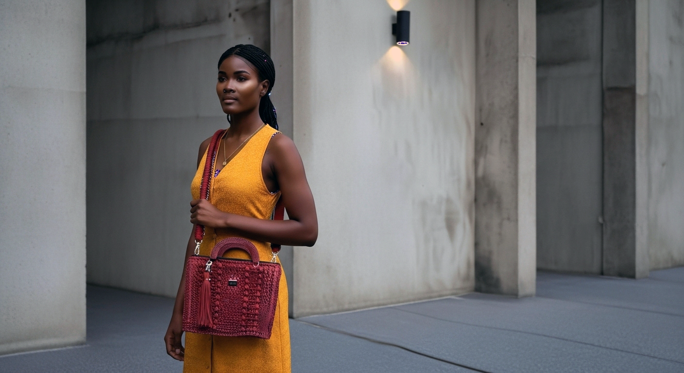 Stylish model wearing a handmade red sling handbag, perfect for everyday adventures