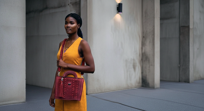 Stylish model wearing a handmade red sling handbag, perfect for everyday adventures