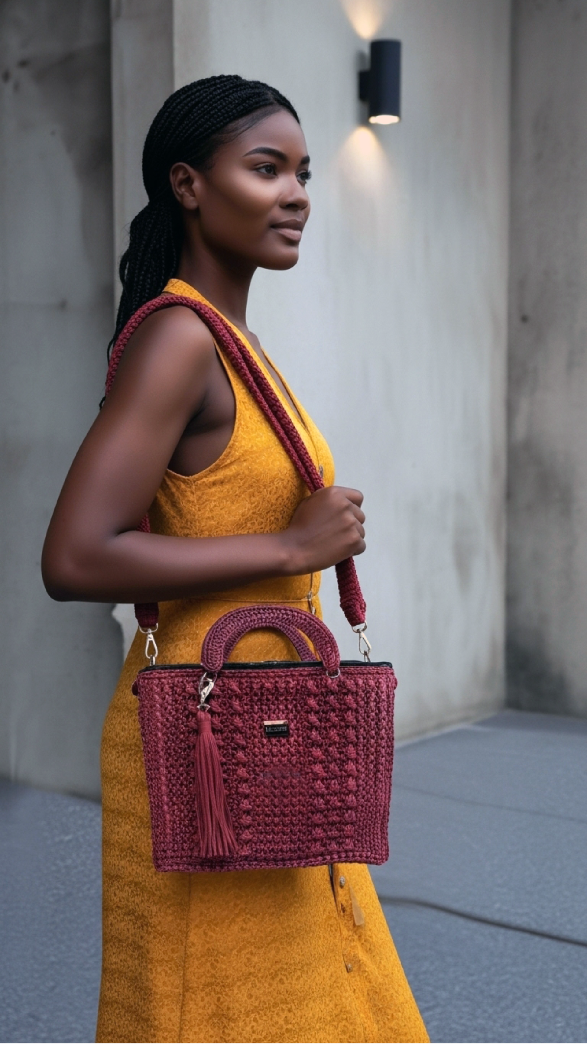 Woman in a yellow dress holding a handmade red sling handbag with tassel and braided texture