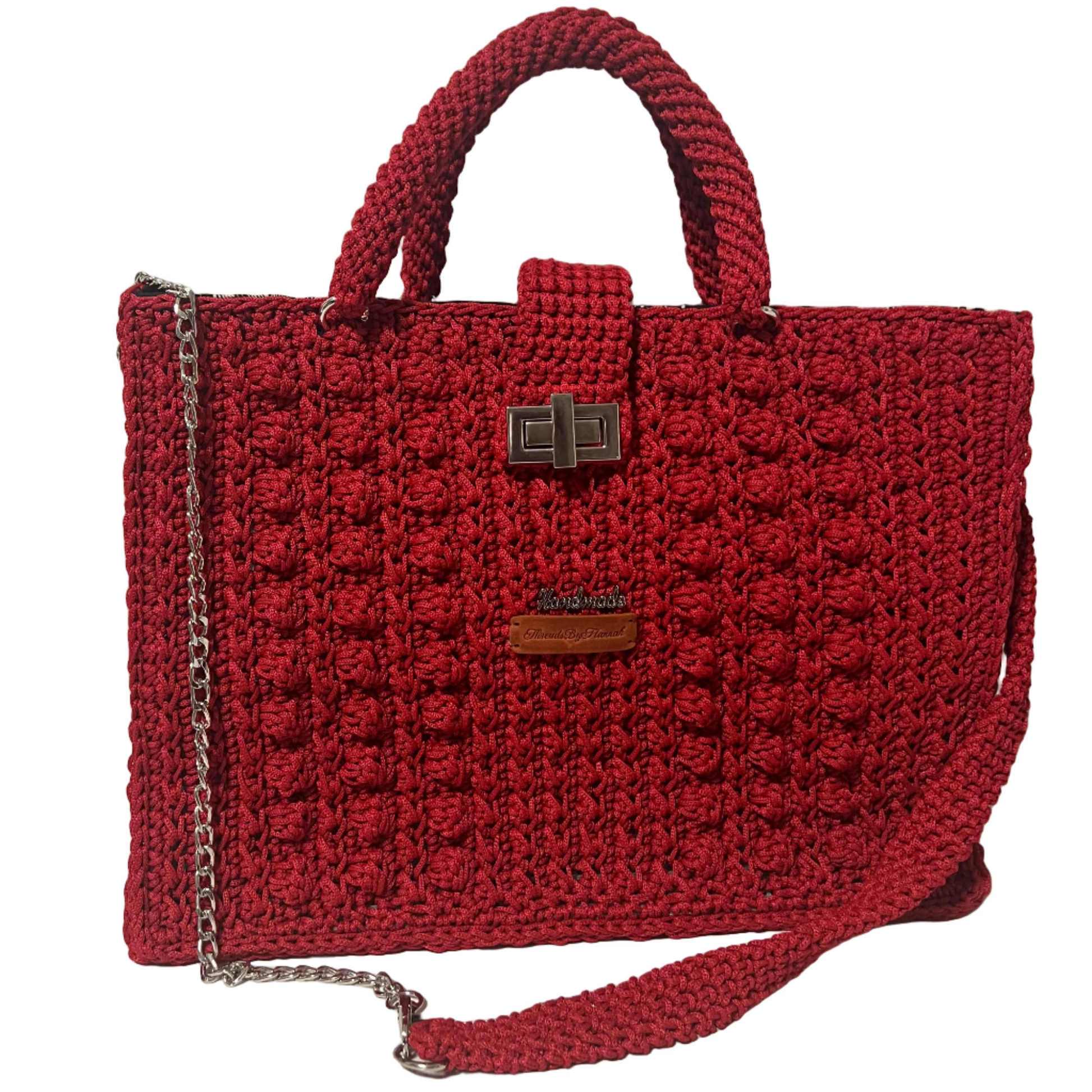 Handmade red Trapezoid handbag with textured design and detachable strap for chic style