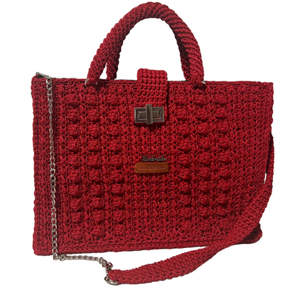 Handmade red Trapezoid handbag with textured design and detachable strap for chic style
