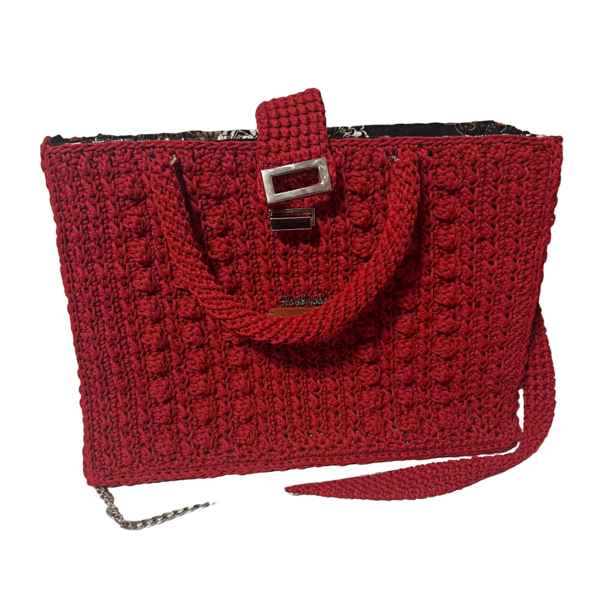 Handmade red Trapezoid handbag with textured crochet design and stylish chain strap