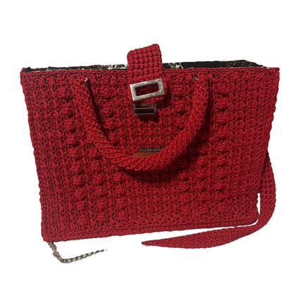 Handmade red Trapezoid handbag with textured crochet design and stylish chain strap