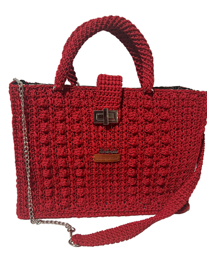 Handmade red Trapezoid handbag with a textured finish and detachable shoulder strap
