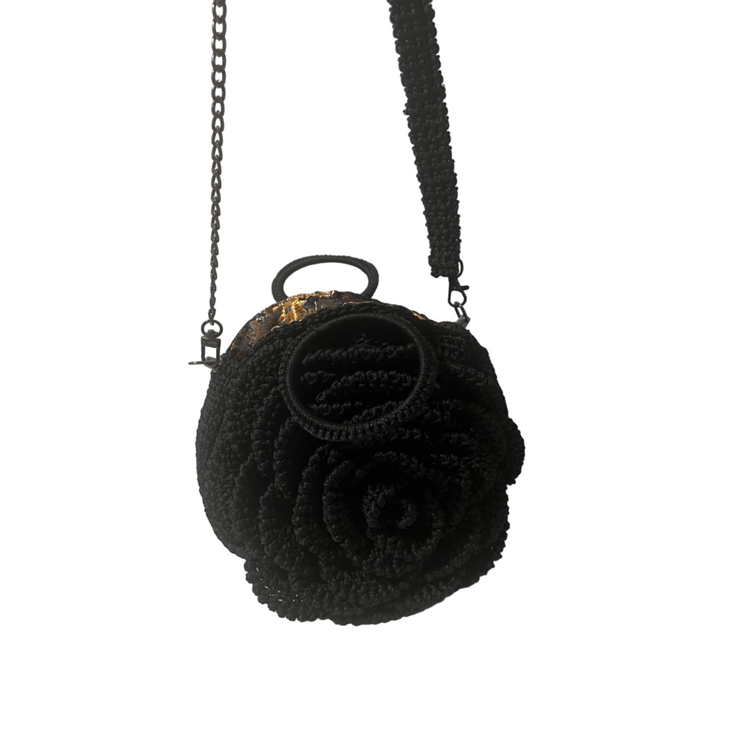 Kenyan Bloom Handcrafted Rose Flower Bag black crossbody with floral design and chain strap by ThreadsByHannah
