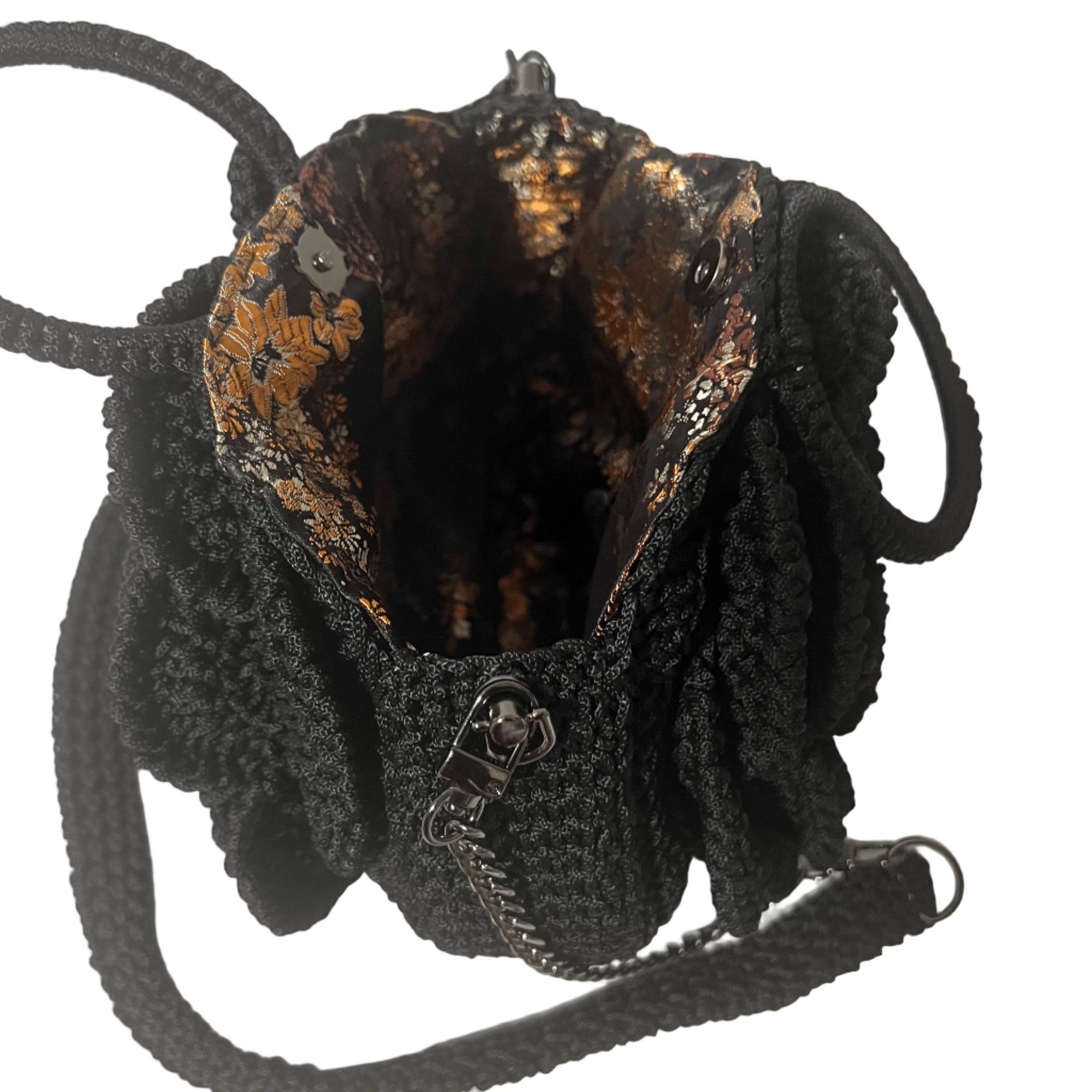 ThreadsByHannah Kenyan Bloom Handcrafted Rose Flower Bag crossbody with black crocheted exterior and gold floral interior lining