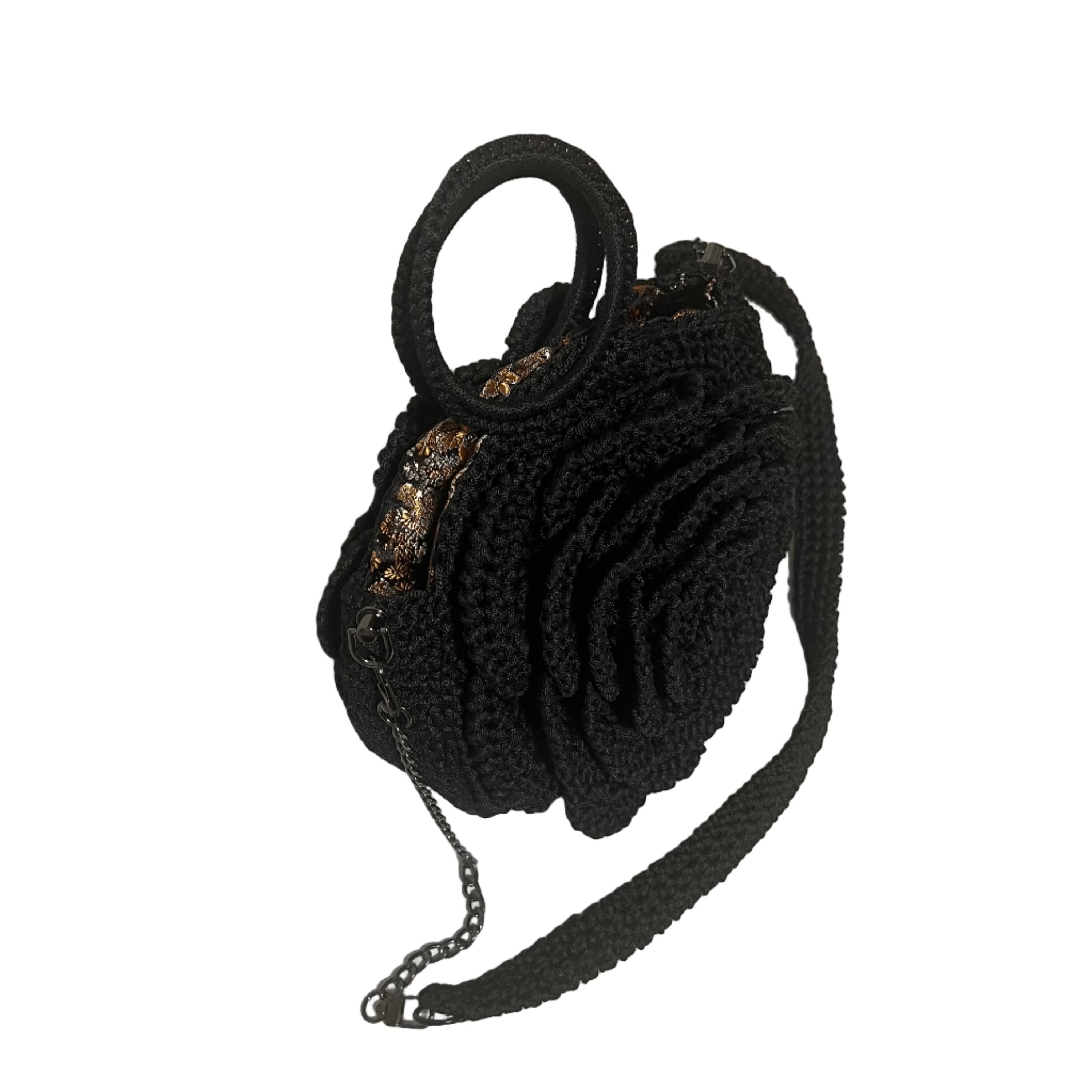 ThreadsByHannah Kenyan Bloom Handcrafted Rose Flower Bag black crocheted crossbody with round handle and chain strap