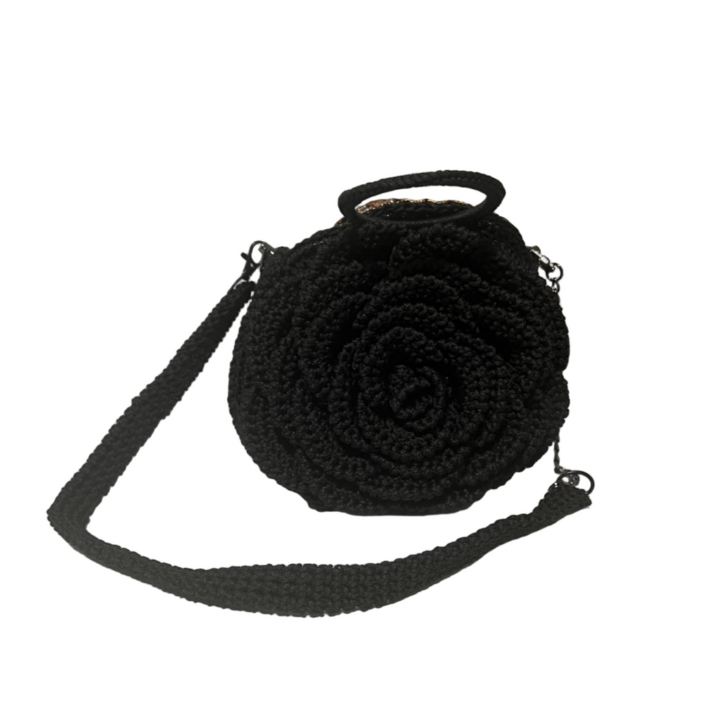 Black Kenyan Bloom Handcrafted Rose Flower Bag crossbody with textured rose design and adjustable strap