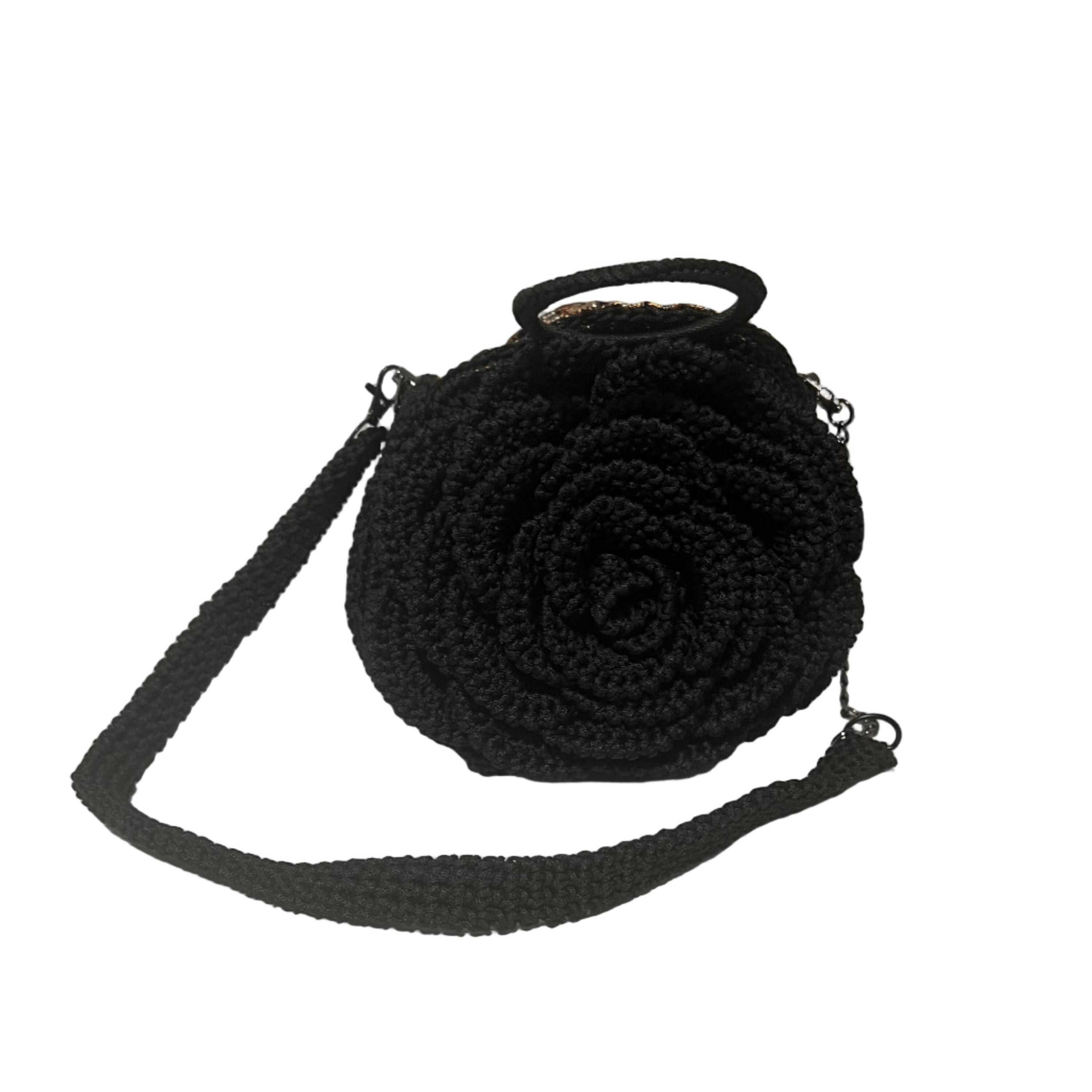 Black Kenyan Bloom Handcrafted Rose Flower Bag crossbody with textured rose design and adjustable strap