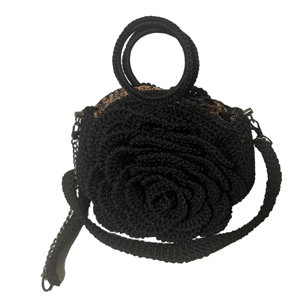 ThreadsByHannah Kenyan Bloom Handcrafted Rose Flower Bag black crocheted crossbody with circular handles