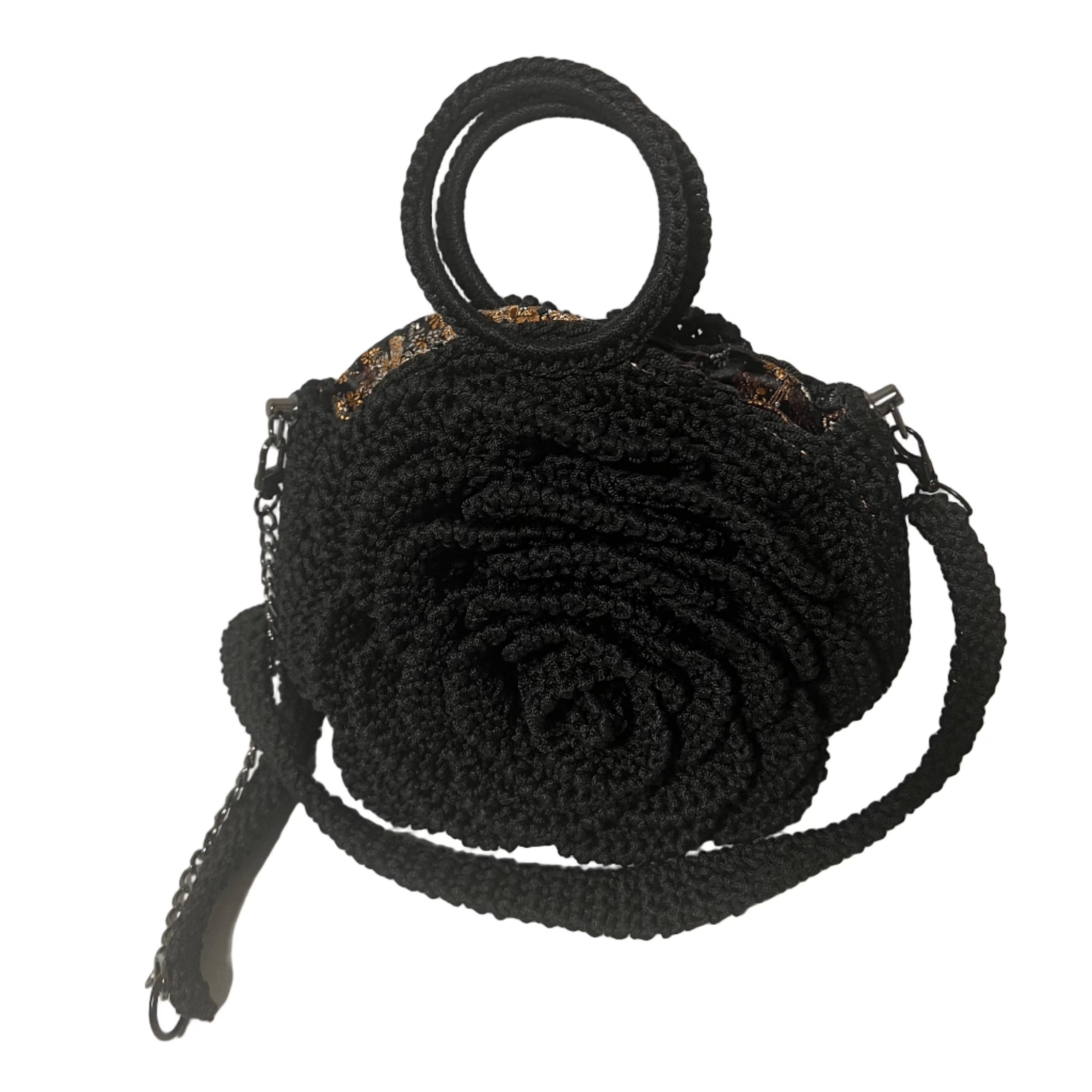 ThreadsByHannah Kenyan Bloom Handcrafted Rose Flower Bag black crocheted crossbody with circular handles