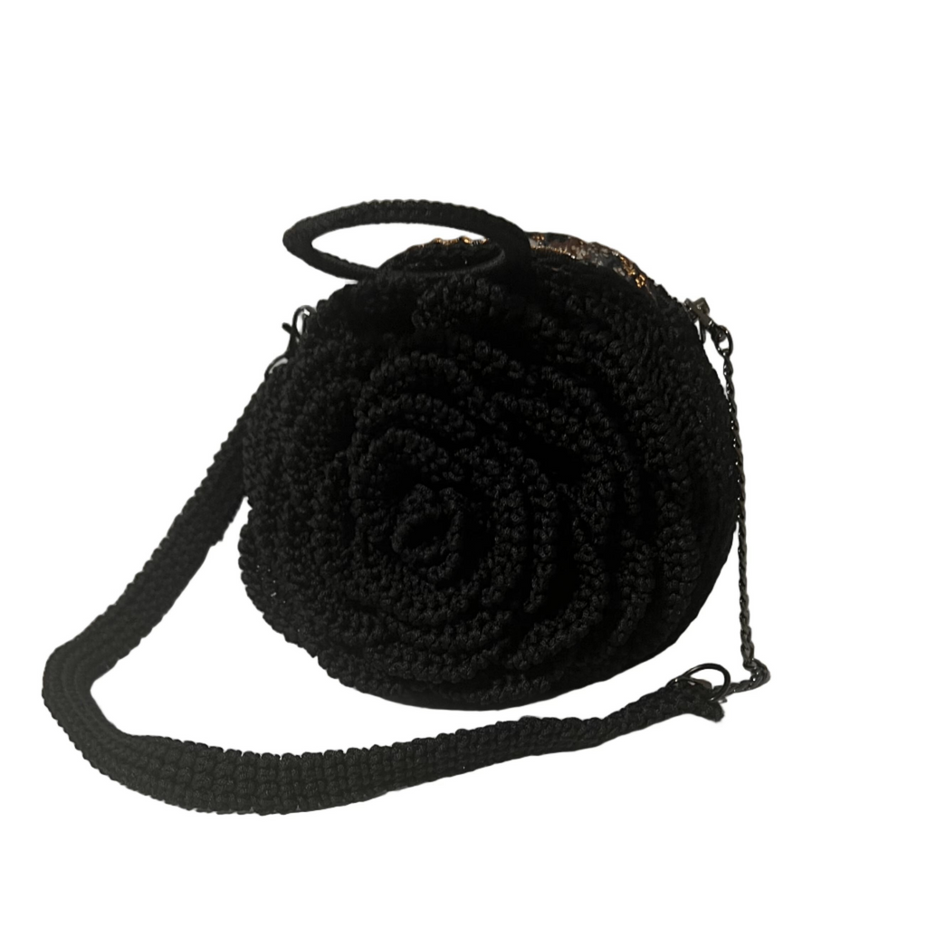 Black Kenyan Bloom Handcrafted Rose Flower Bag crossbody with detailed woven floral design