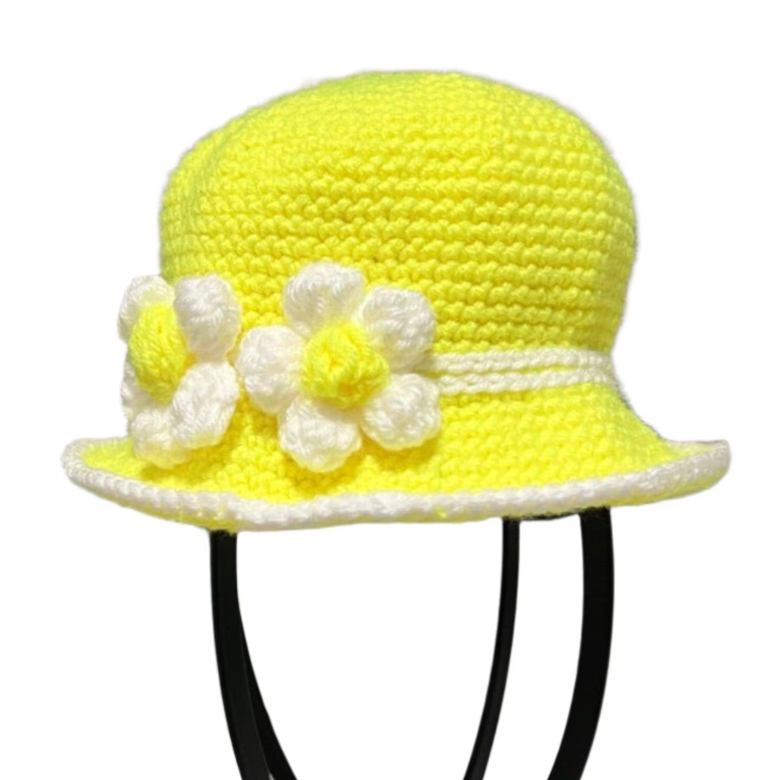 Little Sunshine Baby Crochet Hat in bright yellow with white flower accents and a white trim bucket style
