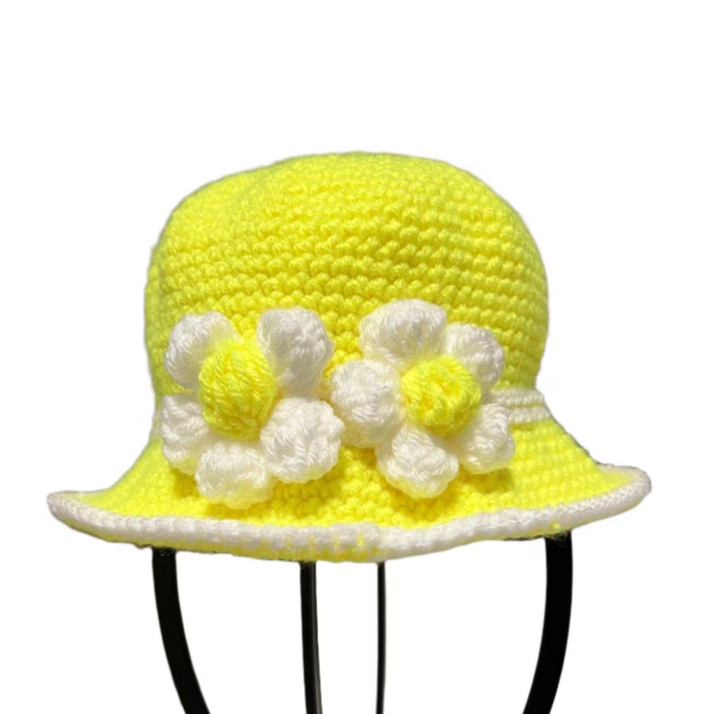 Yellow Little Sunshine Baby Crochet Hat with white flower accents and a white brim trim
