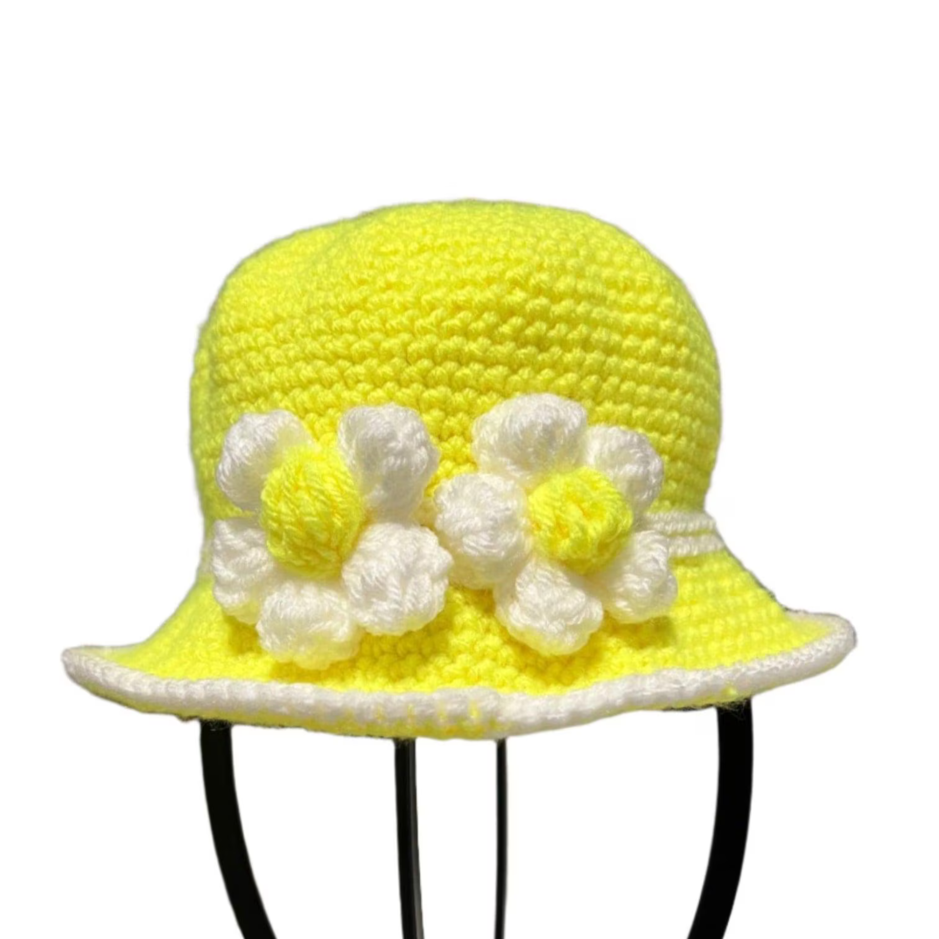 Yellow Little Sunshine Baby Crochet Hat with white flower accents and a white brim trim