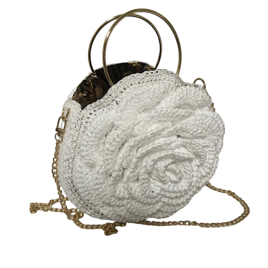 ThreadsByHannah Petals Tradition African Crochet Flower Purse crossbody bag with gold chain and ring handles