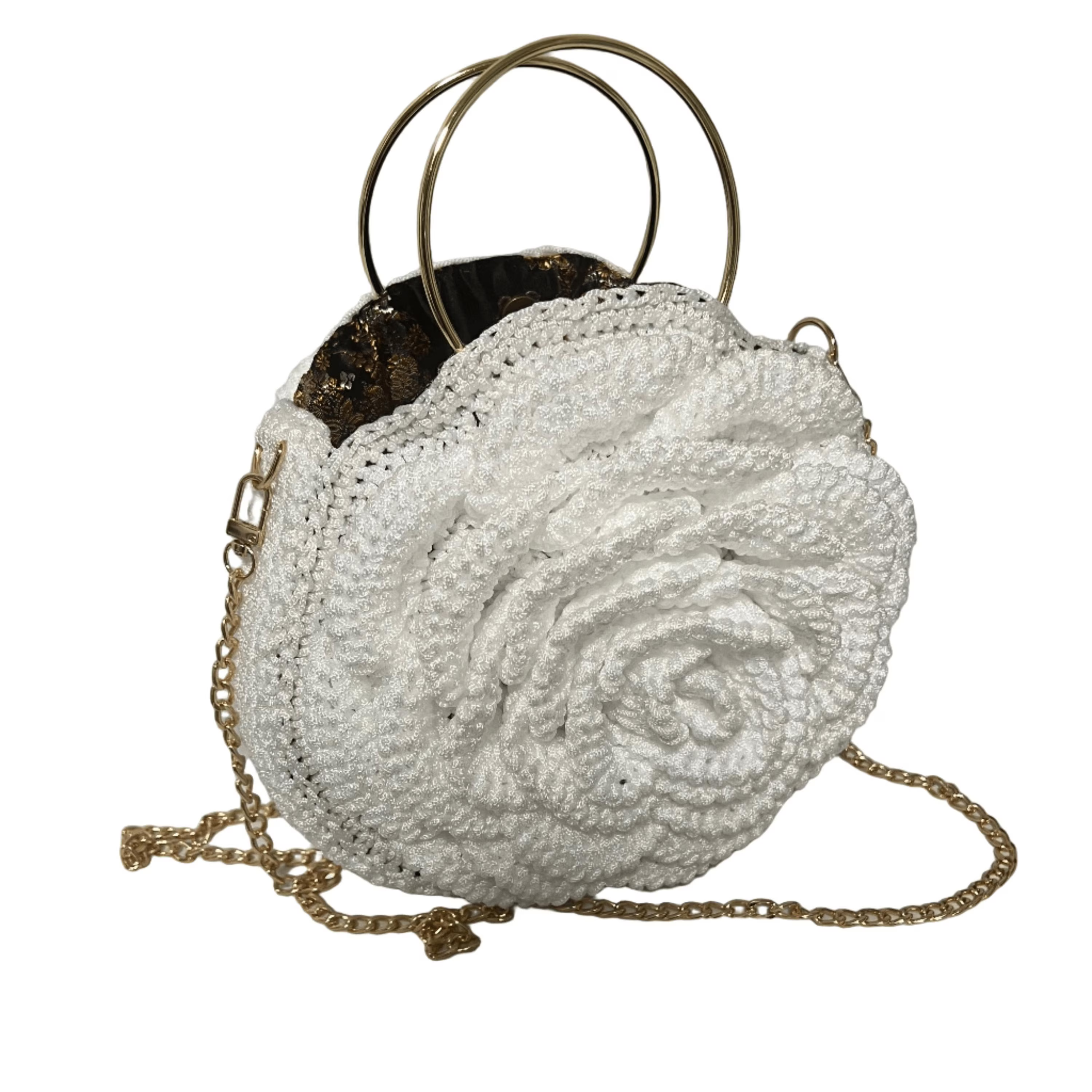 ThreadsByHannah Petals Tradition African Crochet Flower Purse crossbody bag with gold chain and ring handles