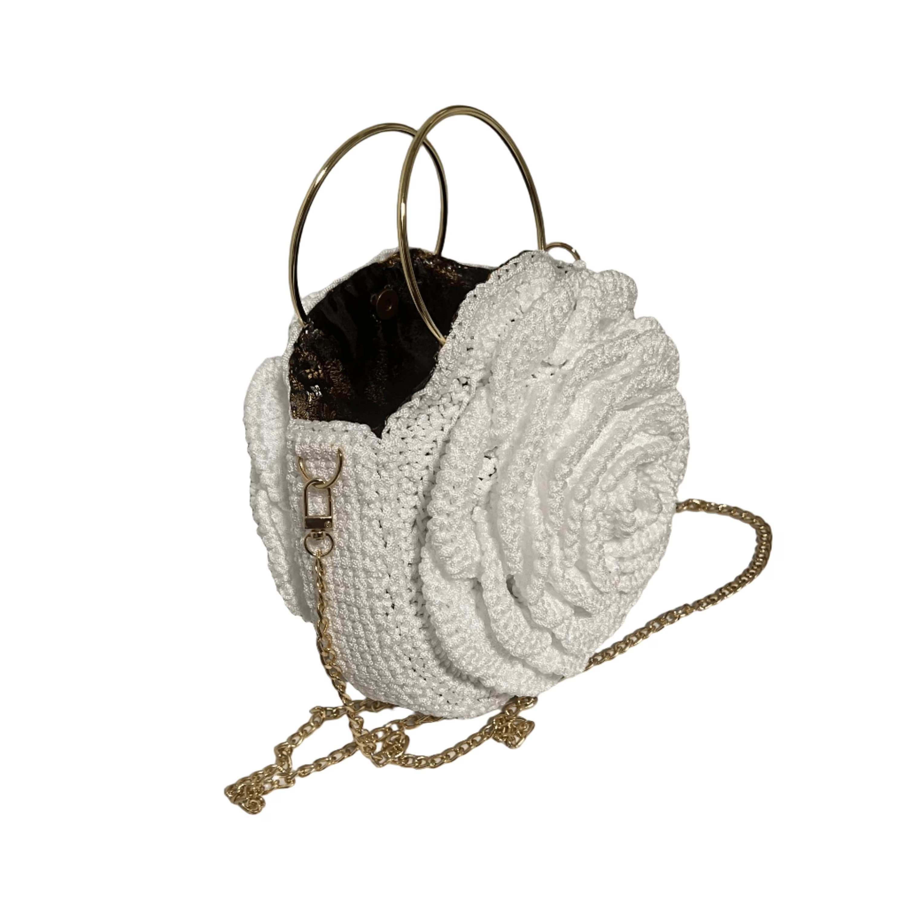 ThreadsByHannah Petals Tradition African Crochet Flower Purse white round crochet crossbody with gold chain