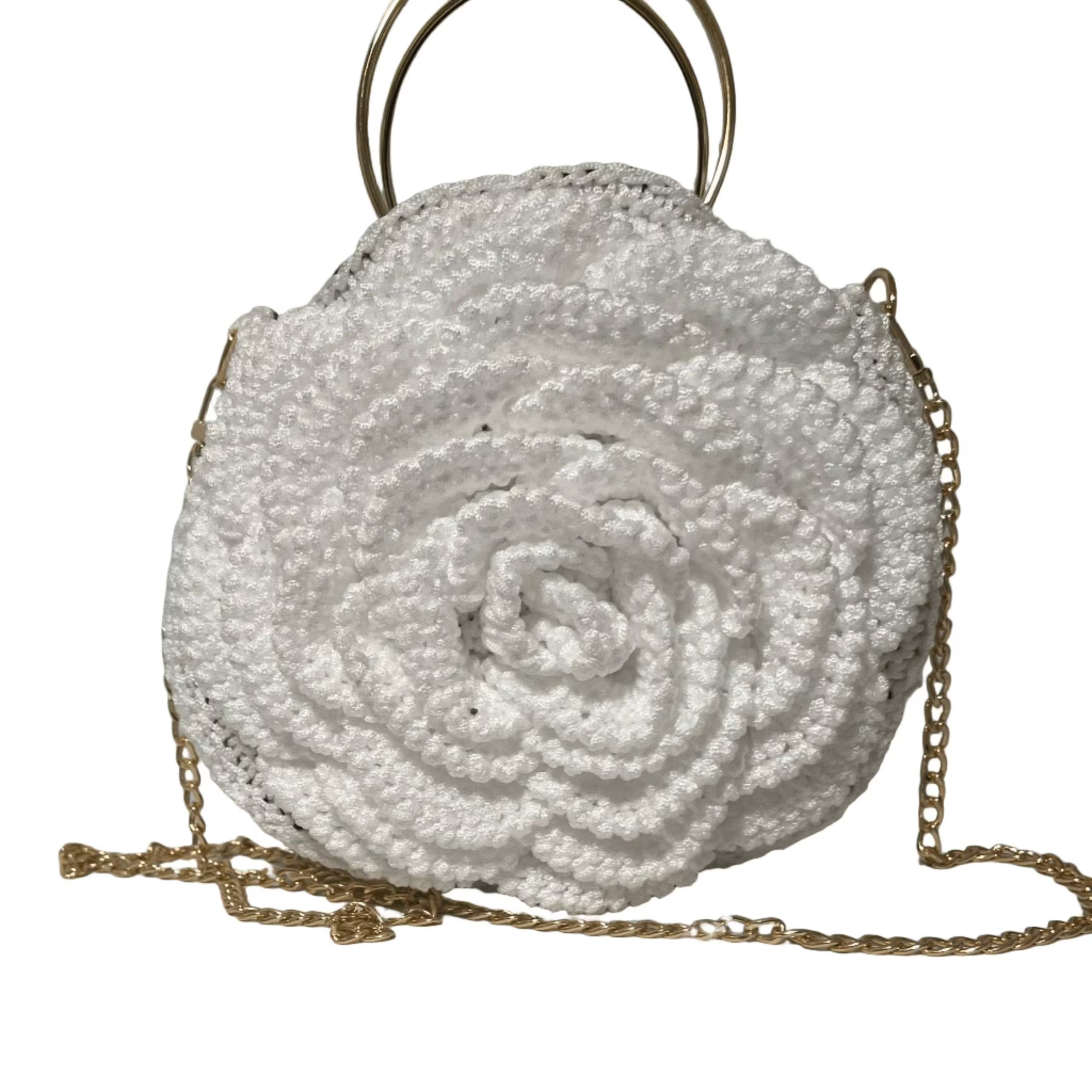 ThreadsByHannah white Petals Tradition African Crochet Flower Purse crossbody bag with gold chain strap