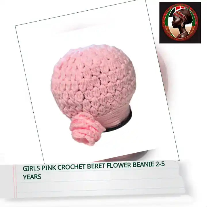 Girls Pink Crochet Beret Flower Beanie 2-5 Years by@Outfy