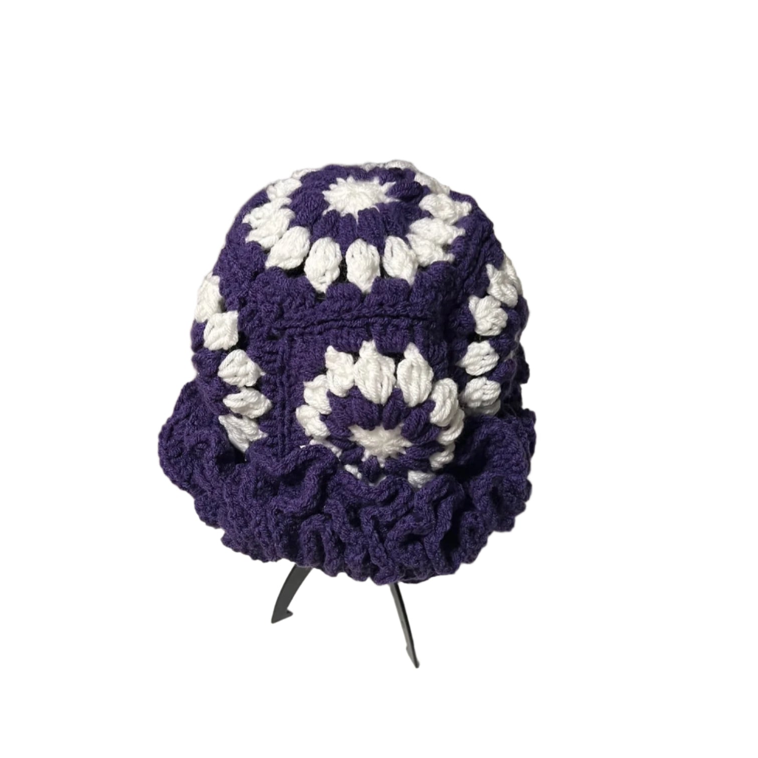 Purple crochet hat for women with white flower patterns and ruffle brim by ThreadsByHannah