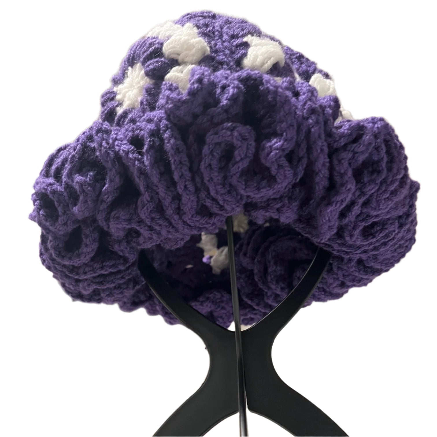 Purple crochet hat for women with ruffle design and white flower accents by ThreadsByHannah