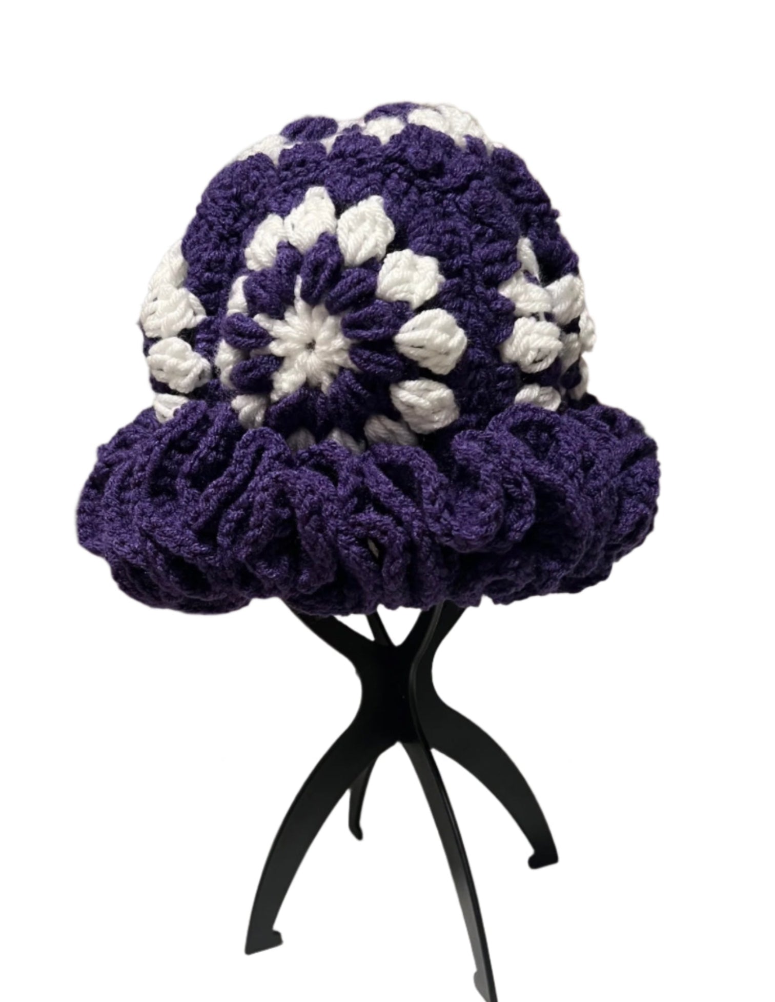 Purple crochet hat for women with white floral pattern and ruffled edge handmade by ThreadsByHannah
