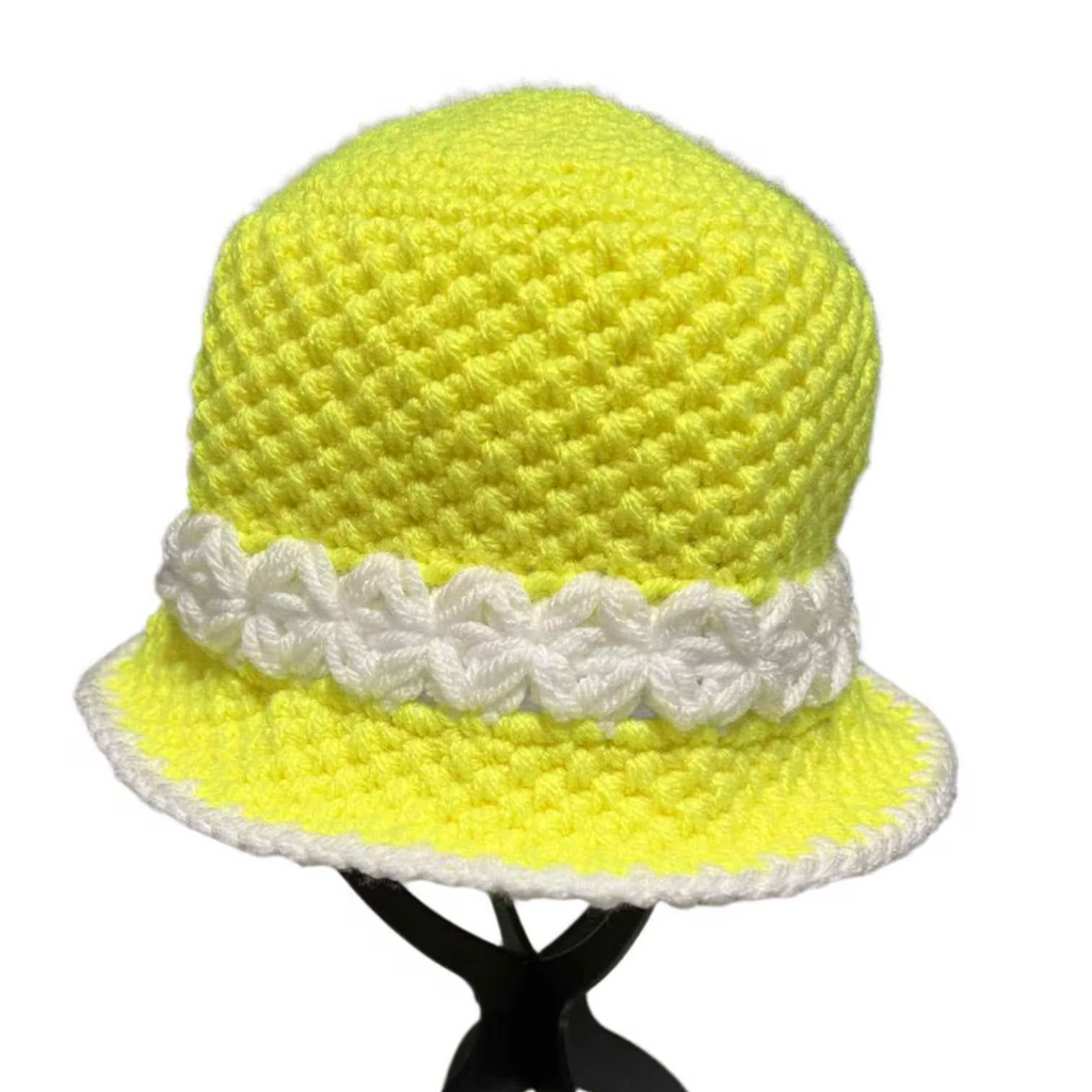 Sunshine Crochet Bucket Hat Handmade in bright yellow with white flower band by ThreadsByHannah