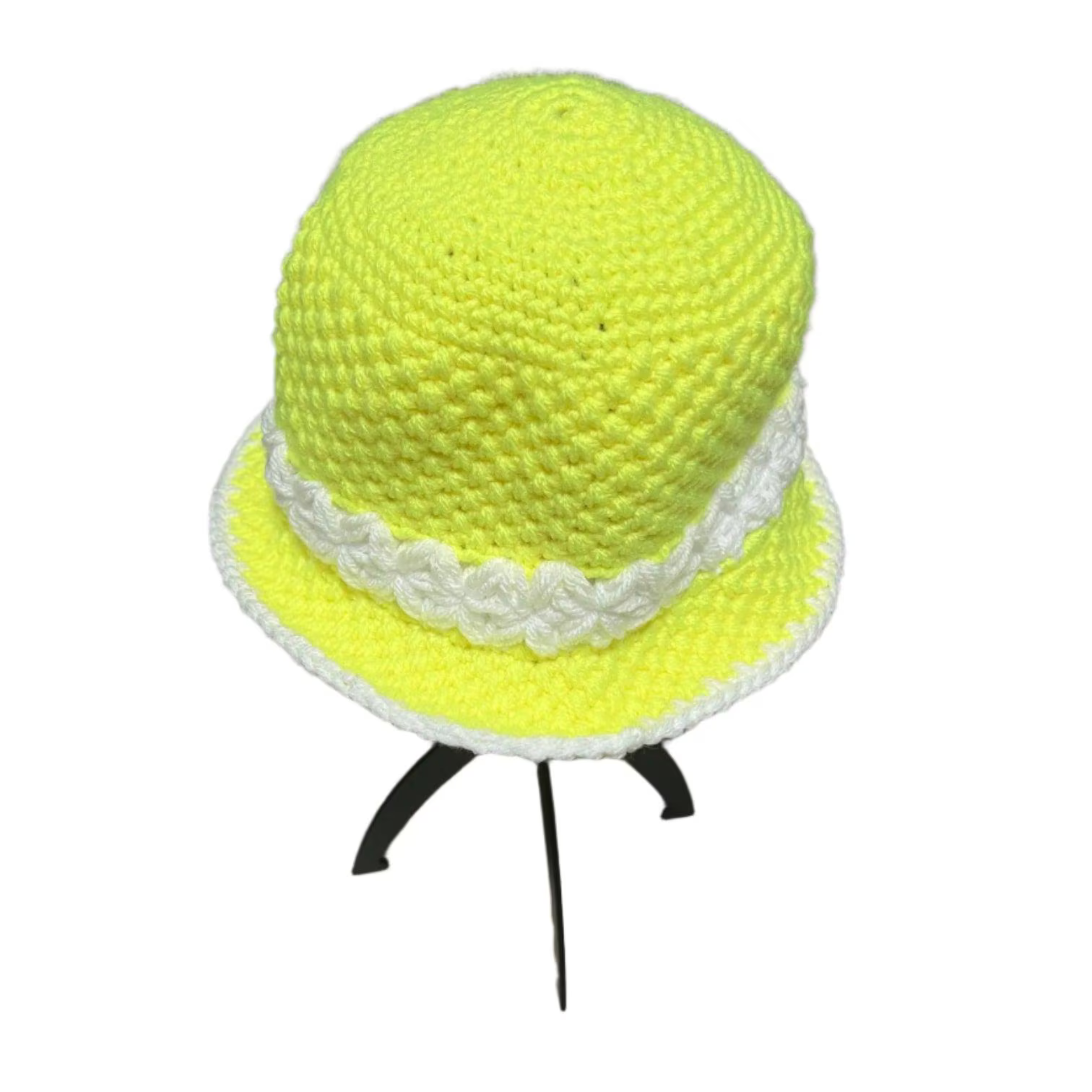 Sunshine Crochet Bucket Hat Handmade in bright yellow with white trim, handcrafted by ThreadsByHannah