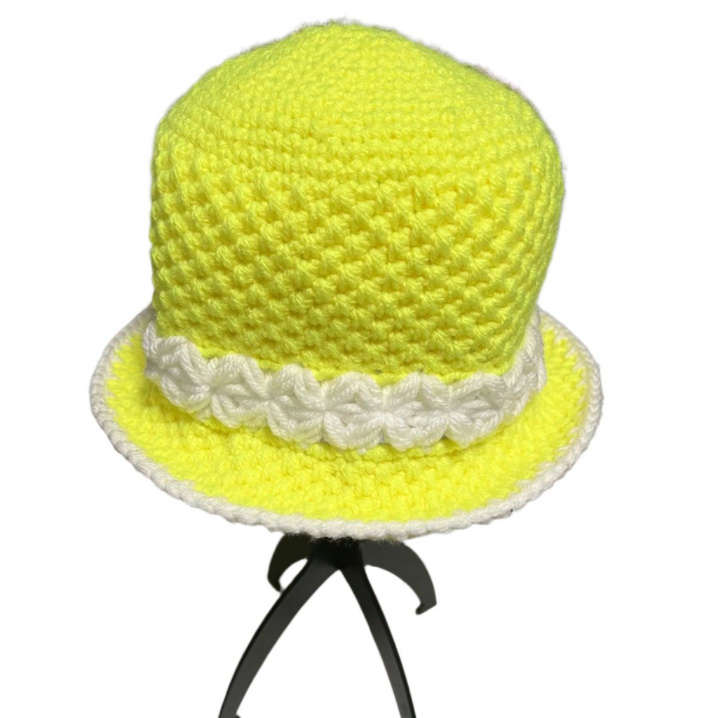 Sunshine Crochet Bucket Hat Handmade in bright yellow with white floral trim by ThreadsByHannah