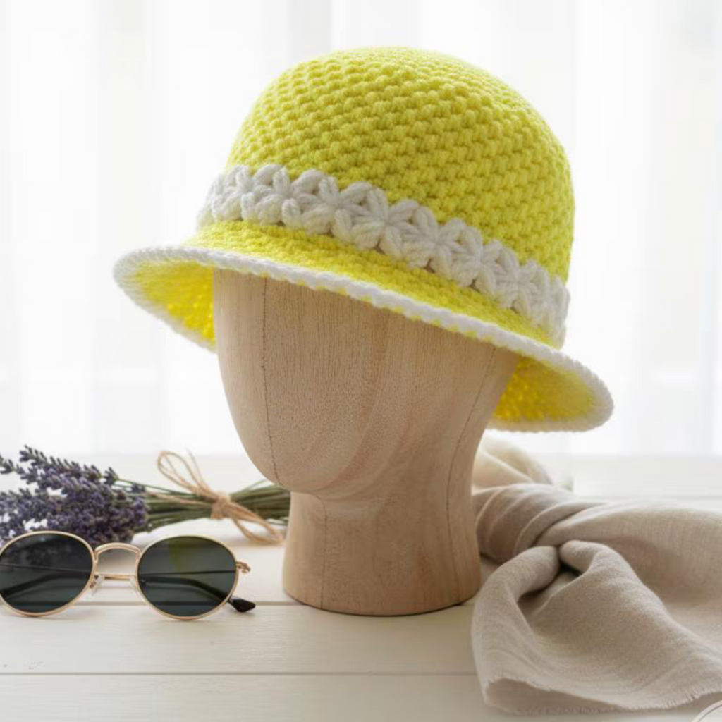 Sunshine Crochet Bucket Hat Handmade in bright yellow with white floral trim displayed on wooden hat stand