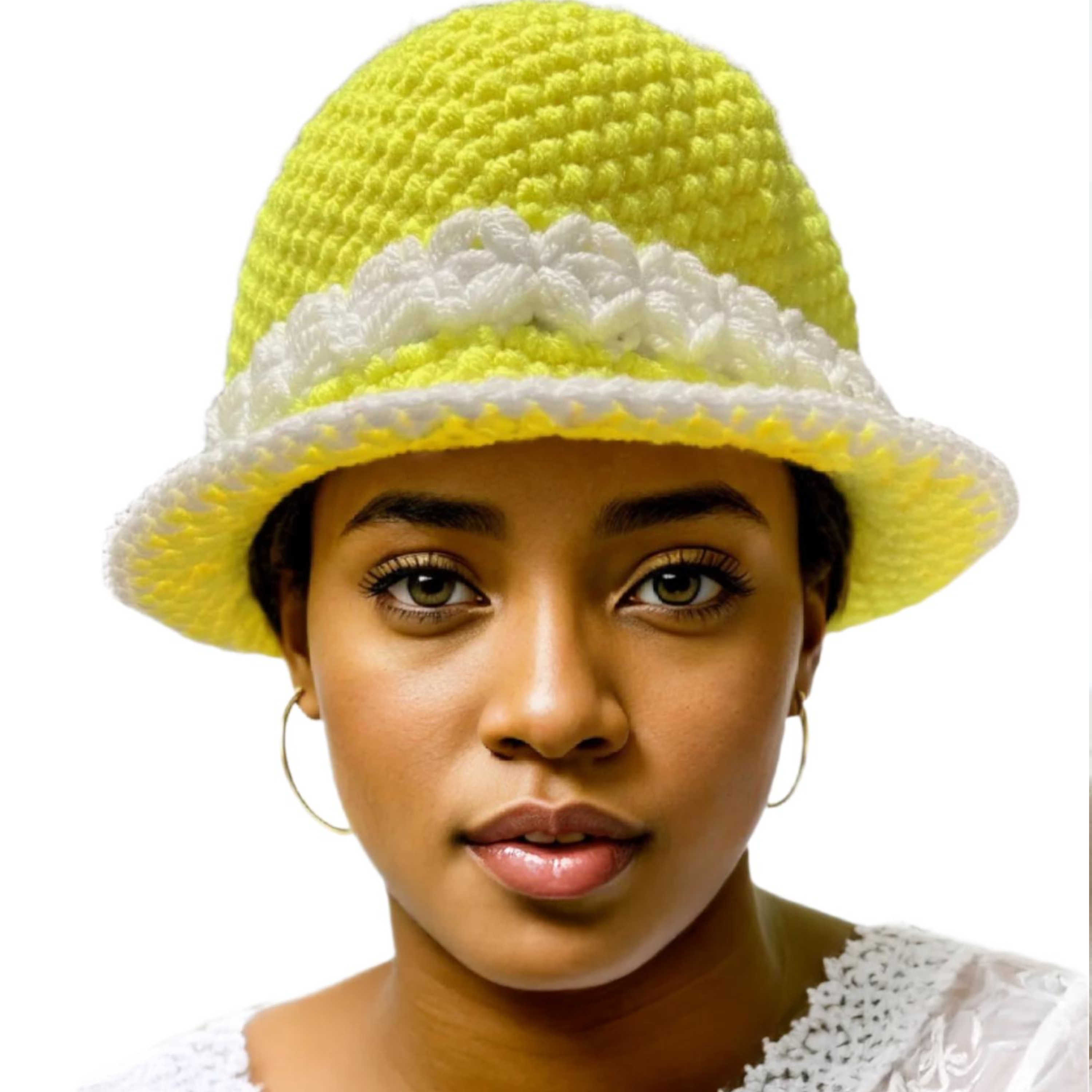 Sunshine Crochet Bucket Hat Handmade in yellow and white worn by a woman with hoop earrings