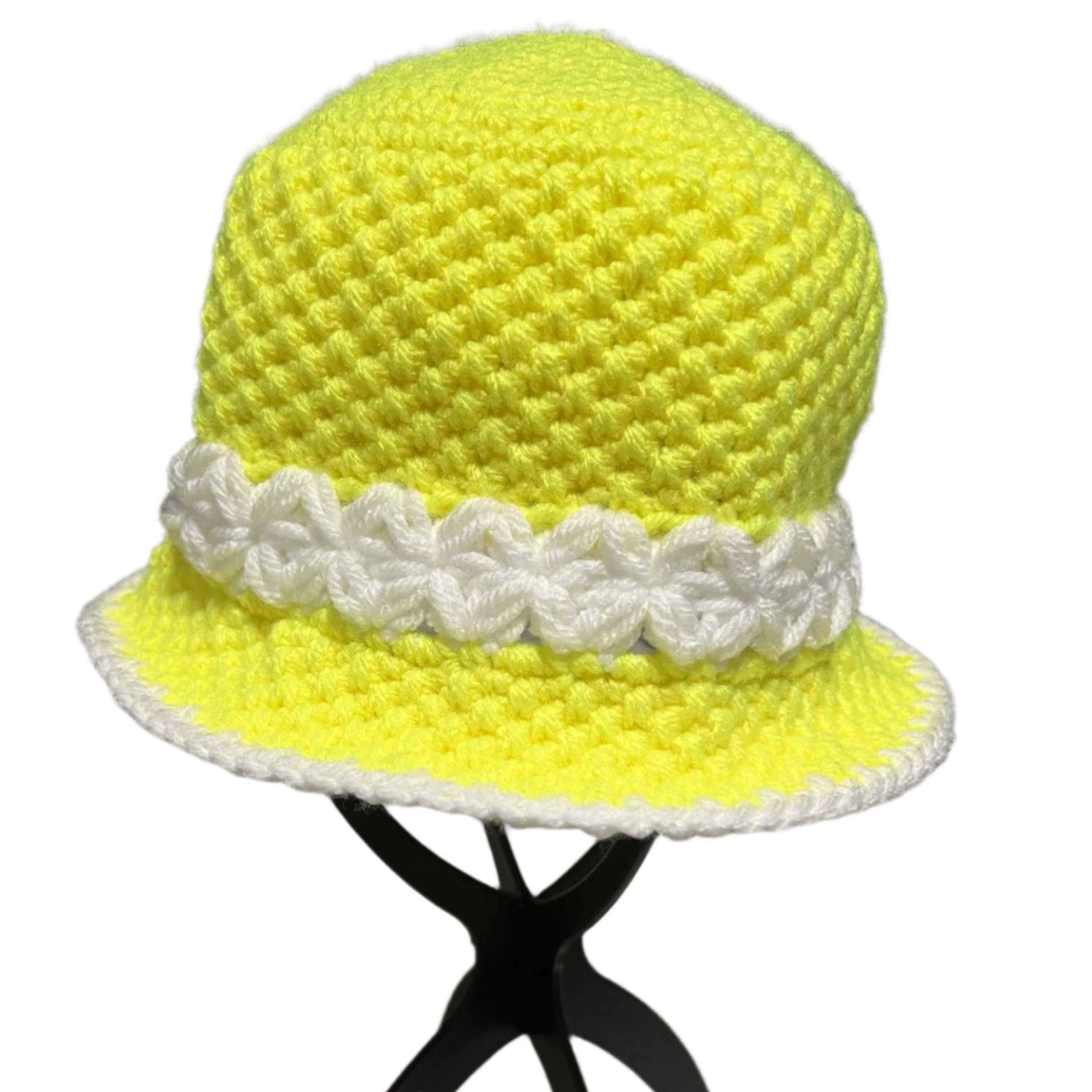 Sunshine Crochet Bucket Hat Handmade yellow with white flower detail by ThreadsByHannah