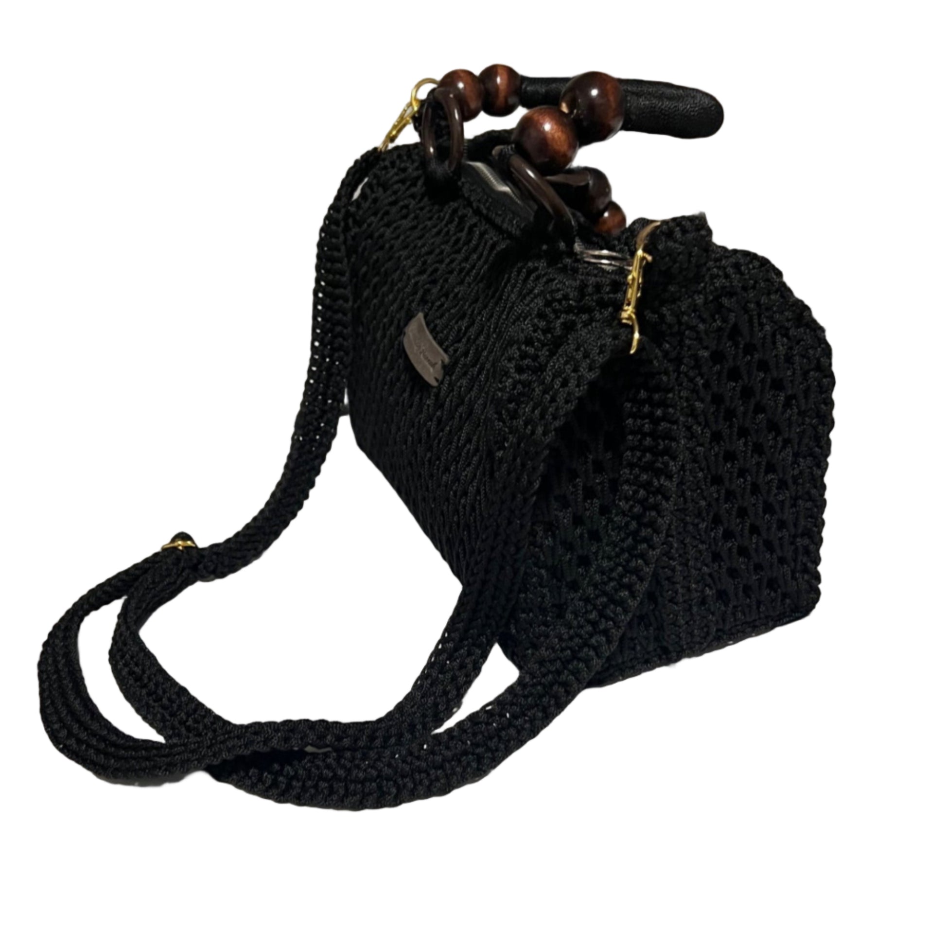ThreadsByHannah African handmade crochet handbag in black with wooden bead handle and long strap