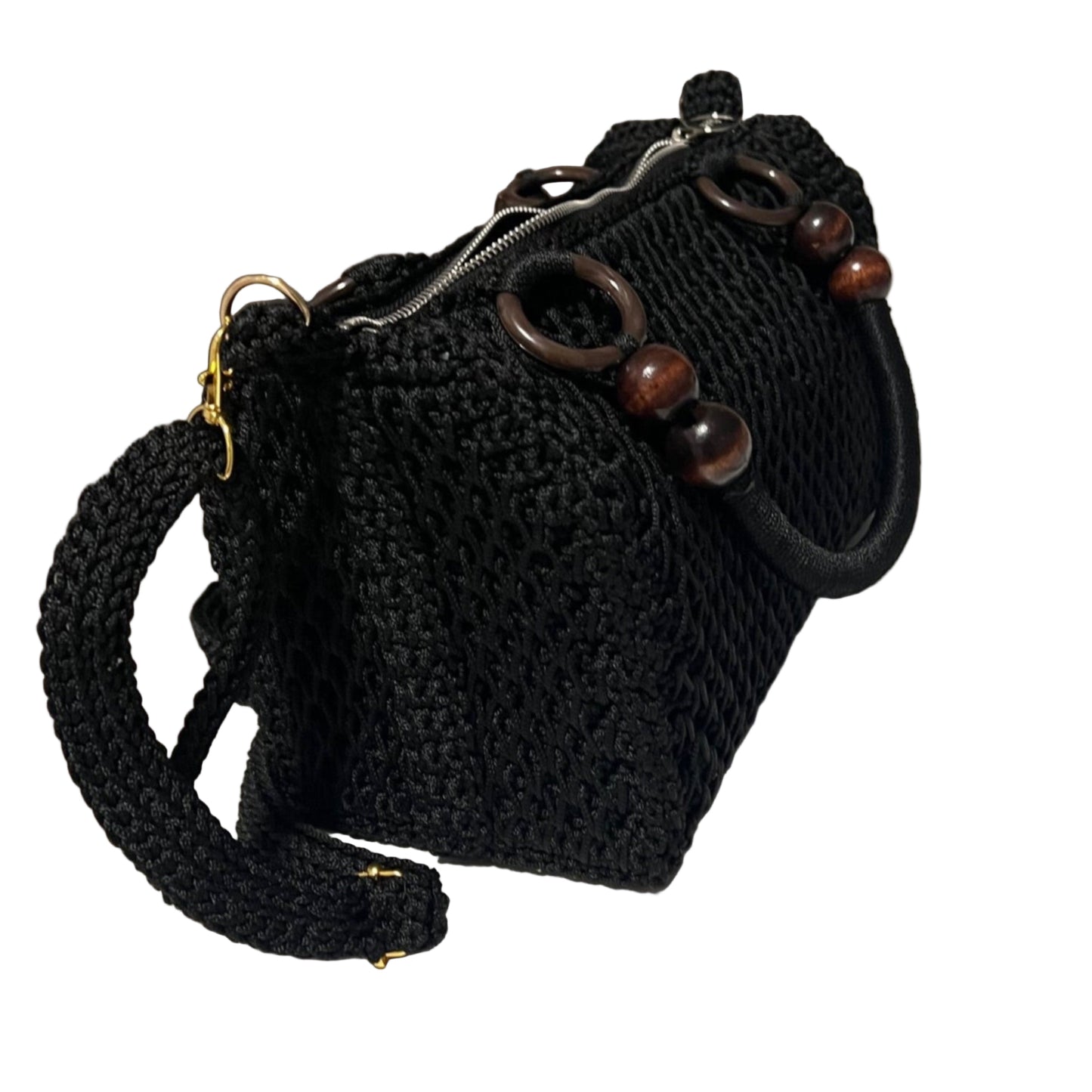 African handmade crochet handbag black with wooden bead handles and detachable braided shoulder strap