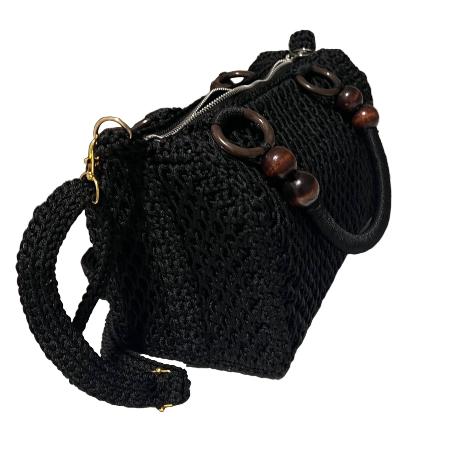 African handmade crochet handbag black with wooden bead handles and detachable braided shoulder strap
