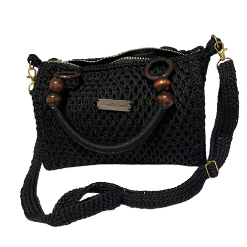 ThreadsByHannah African handmade crochet handbag in black with wooden bead handles zip closure and detachable strap