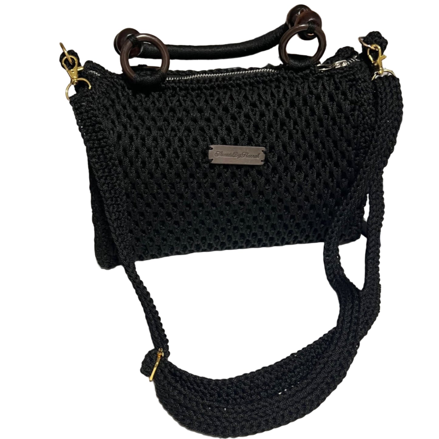 African handmade crochet handbag black purse with wooden ring handles zipper closure and braided shoulder strap