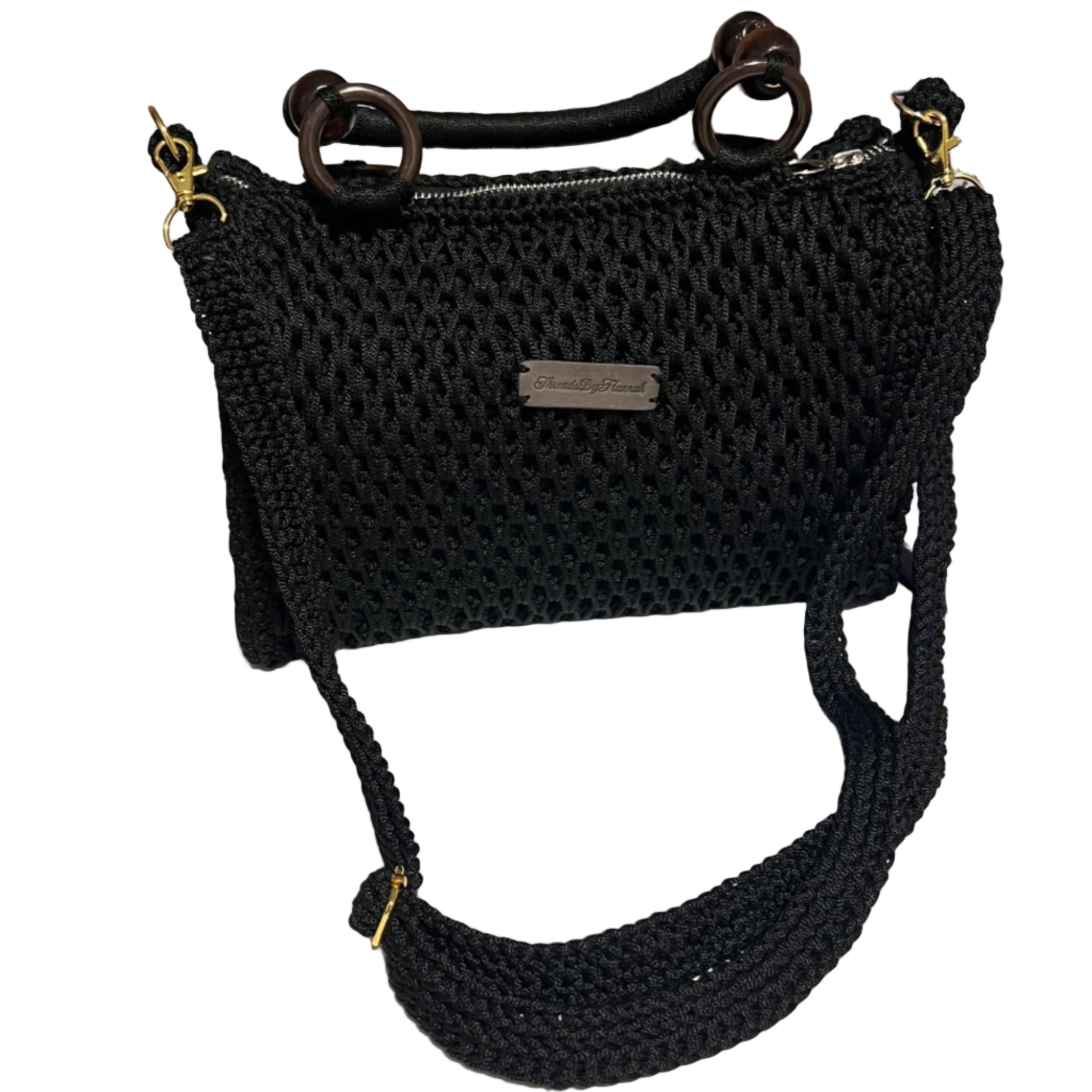African handmade crochet handbag black purse with wooden ring handles zipper closure and braided shoulder strap