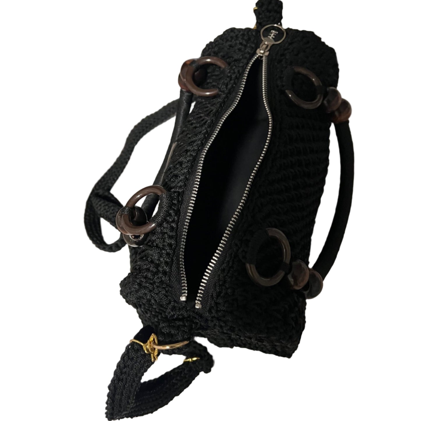 African handmade crochet handbag black zip top purse with wooden ring accents and strap