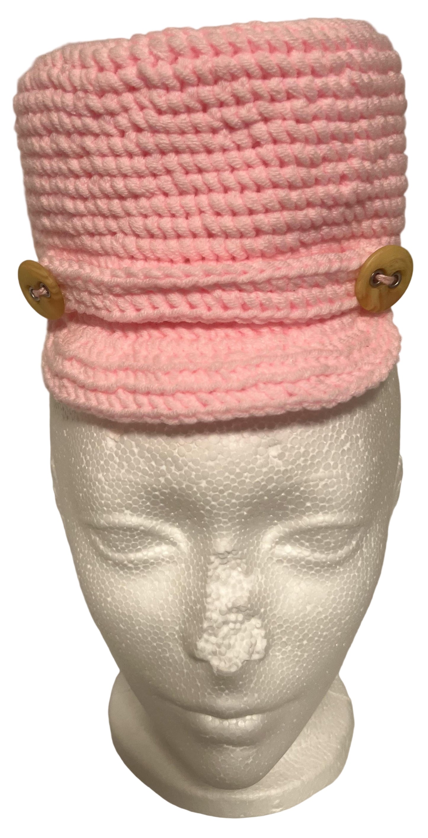 Unique handmade kids winter hat in pink with decorative buttons for a stylish look