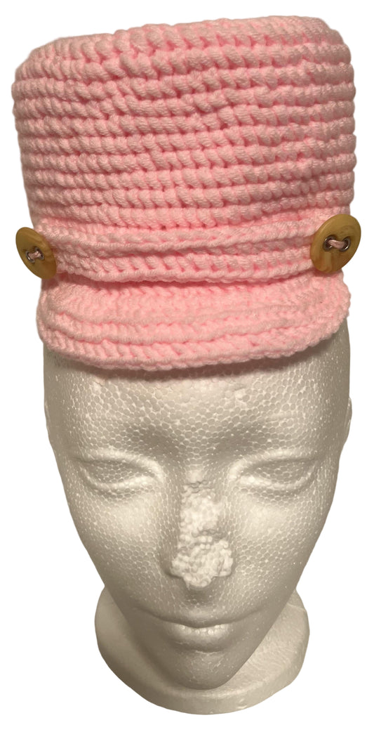 Unique handmade kids winter hat in pink with decorative buttons for a stylish look