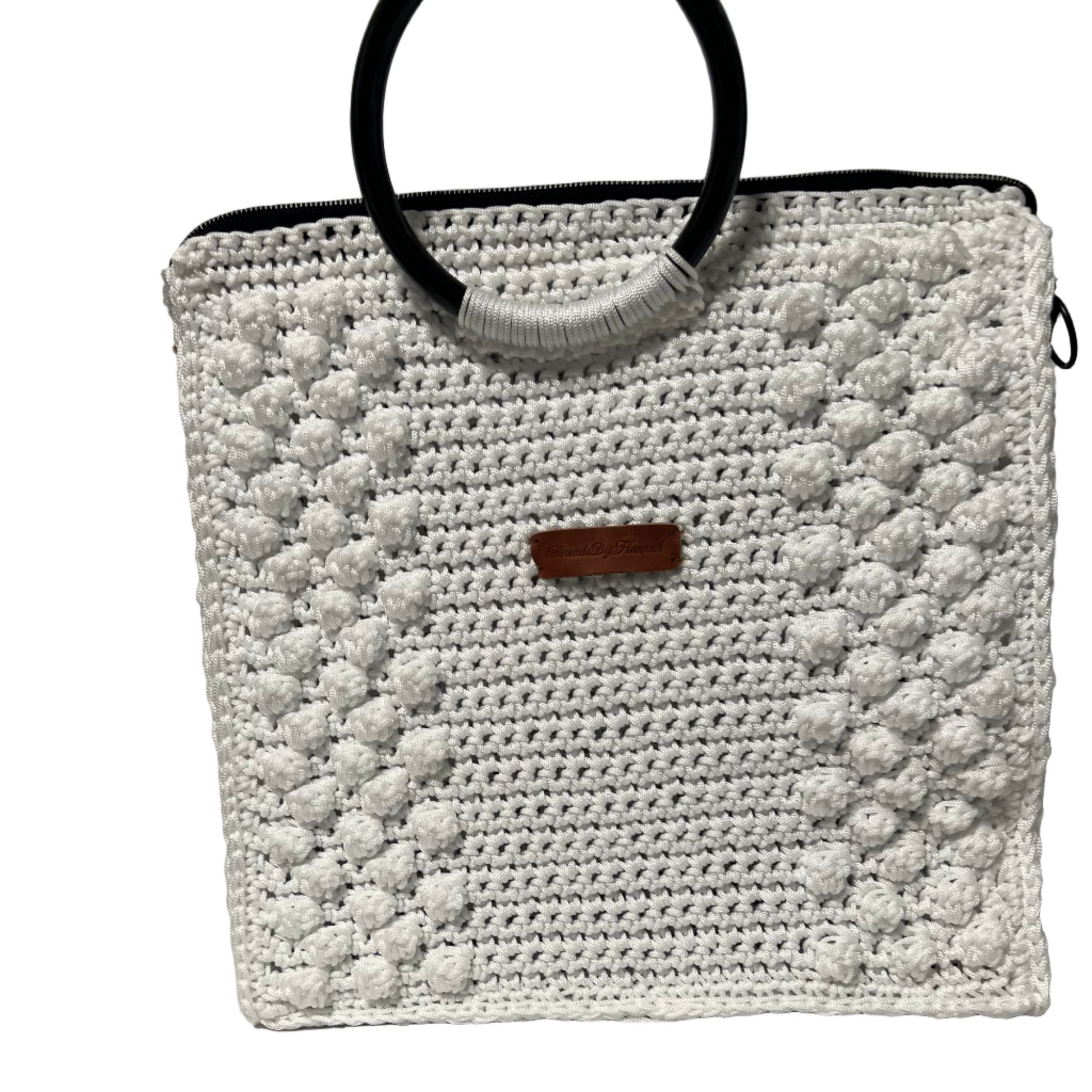 White boho satchel bag for women featuring a textured design and round handle