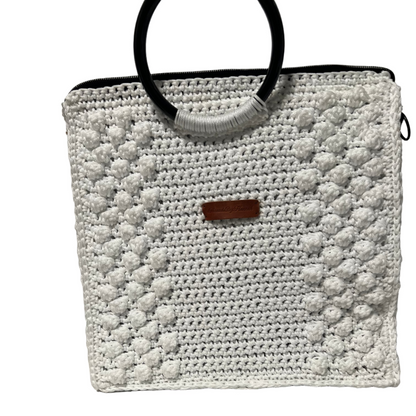 White boho satchel bag for women featuring a textured design and round handle
